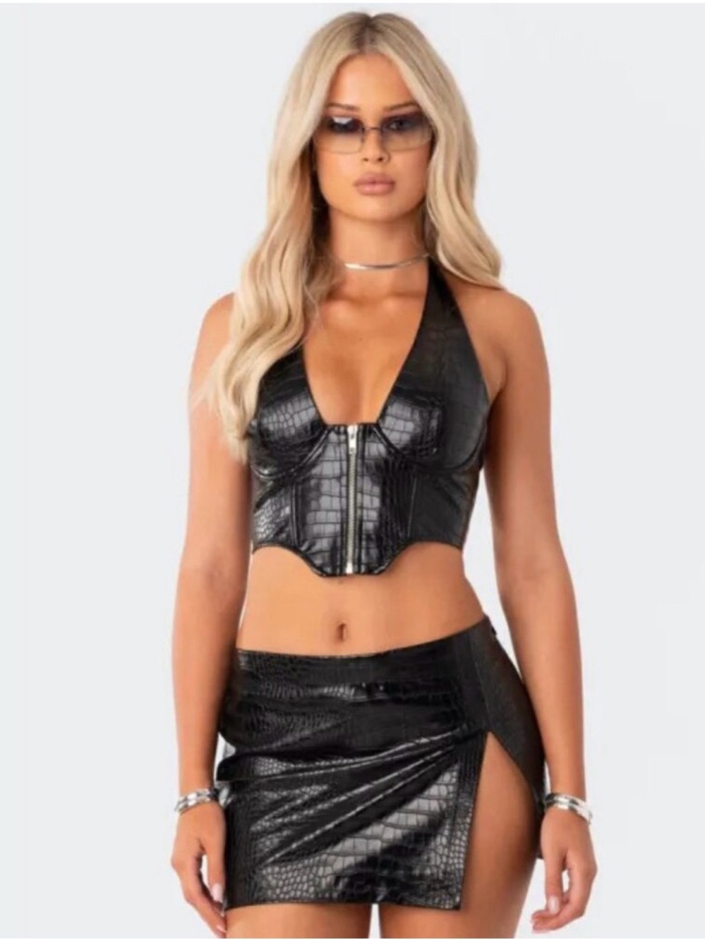 Edikted Black Faux Croc Halter Zip Crop Top
